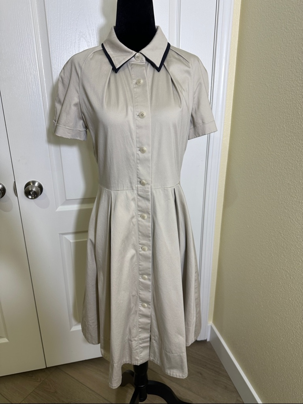 Calvin Klein Tan Button down Fit and Flare Dress with Black Trim Collar.